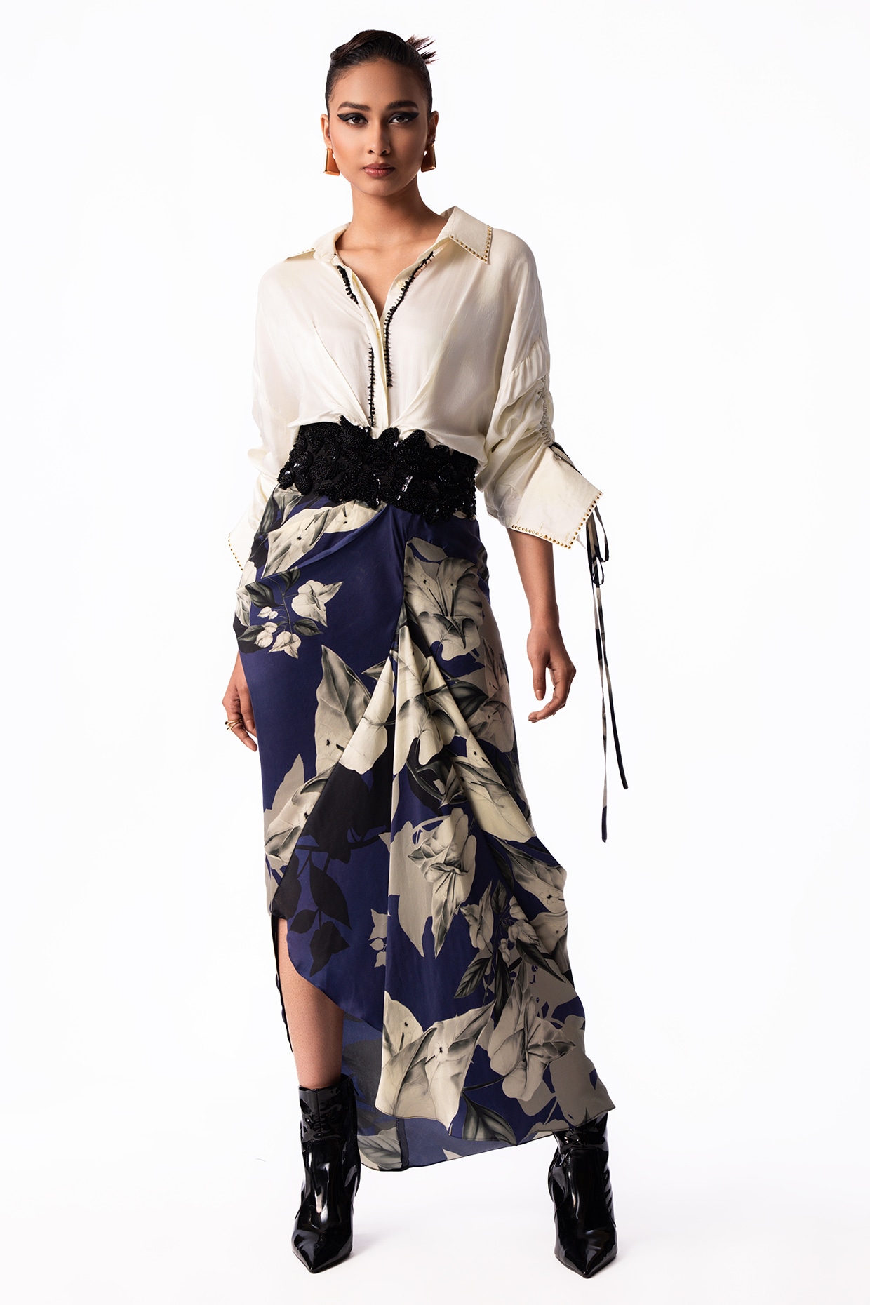 Nupur Kanoi Off-White & Navy Satin Printed Shirt Dress