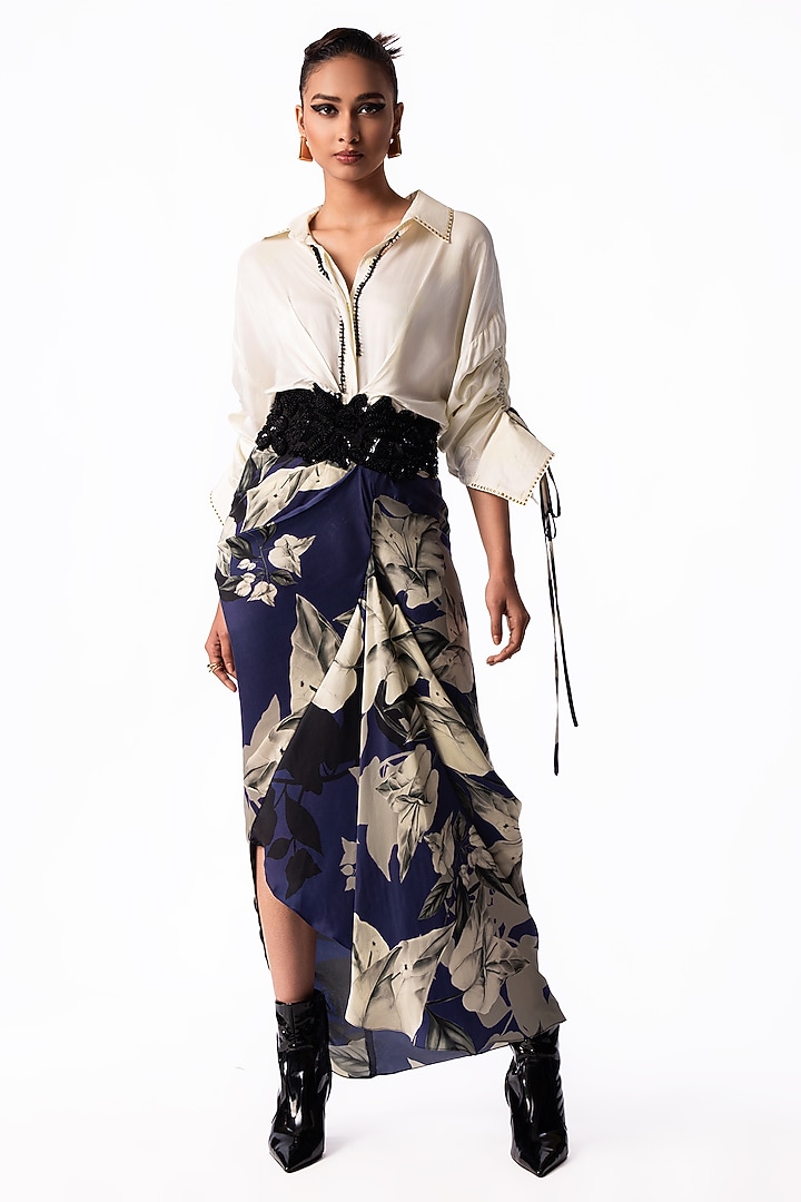 Off-White & Navy Satin Printed Shirt Cocktail Dress by Nupur Kanoi at Pernia's Pop Up Shop