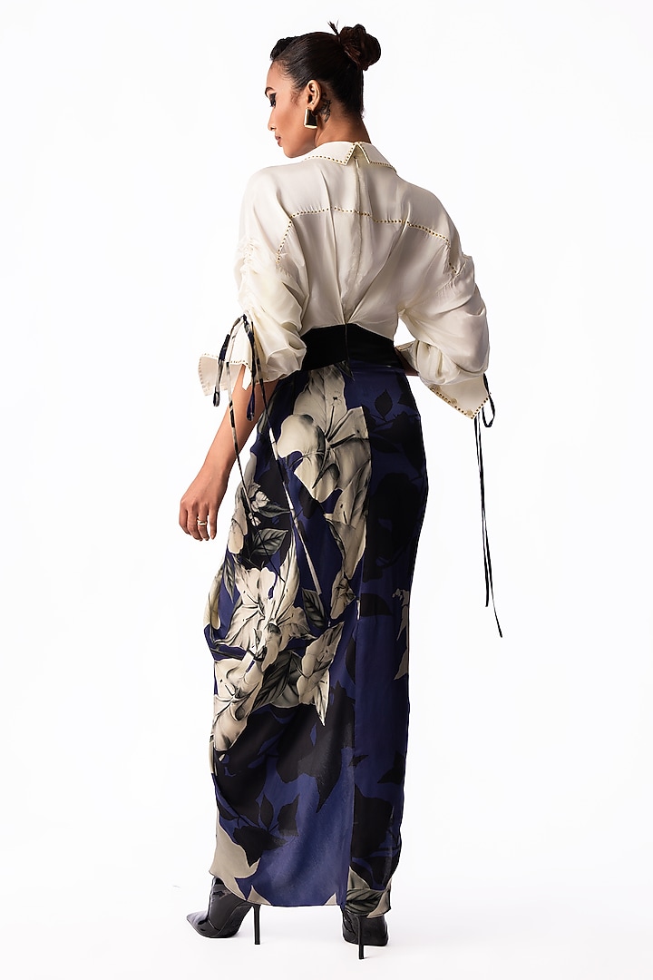 Off-White & Navy Satin Printed Shirt Cocktail Dress by Nupur Kanoi at Pernia's Pop Up Shop