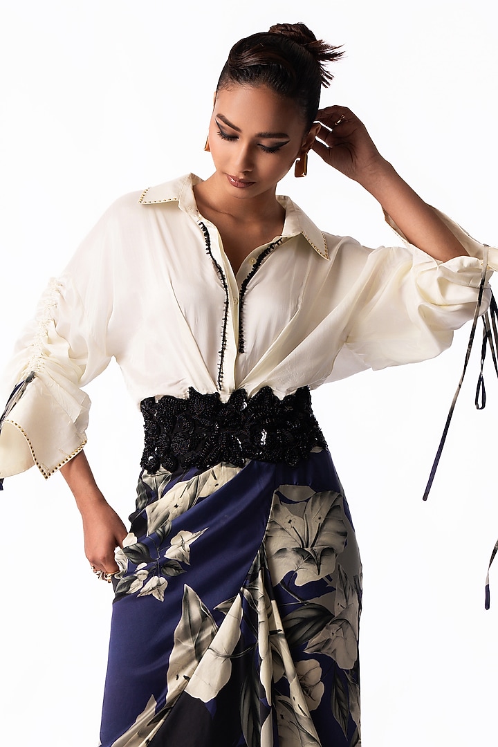 Off-White & Navy Satin Printed Shirt Cocktail Dress by Nupur Kanoi at Pernia's Pop Up Shop