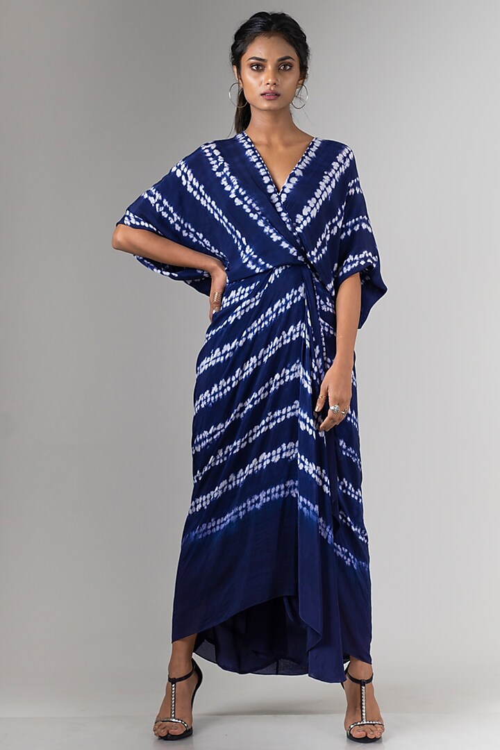 Navy Blue Shibori Wrap Dress by Nupur Kanoi