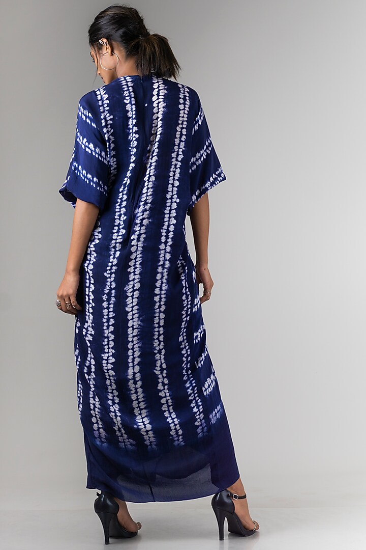 Navy Blue Crepe Printed Wrap Cocktail Dress by Nupur Kanoi at Pernia's Pop Up Shop