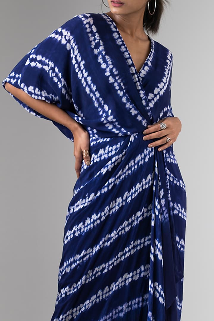 Navy Blue Crepe Printed Wrap Cocktail Dress by Nupur Kanoi at Pernia's Pop Up Shop