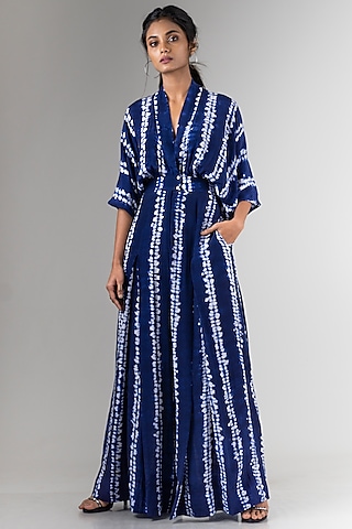 Navy Blue Shibori Kimono Jumpsuit by Nupur Kanoi