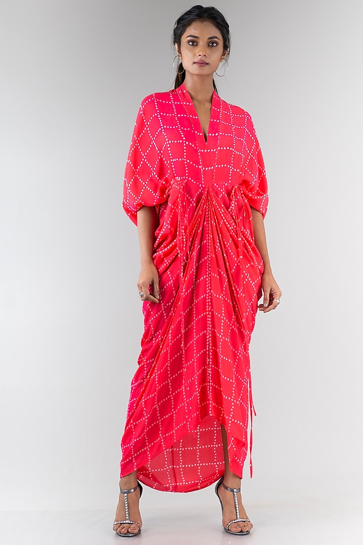 Coral Bandhani Checkered Dress by Nupur Kanoi