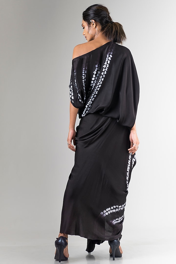 Black Satin Handmade Shibori Tie-Dye Cowl Skirt Set by Nupur Kanoi at Pernia's Pop Up Shop