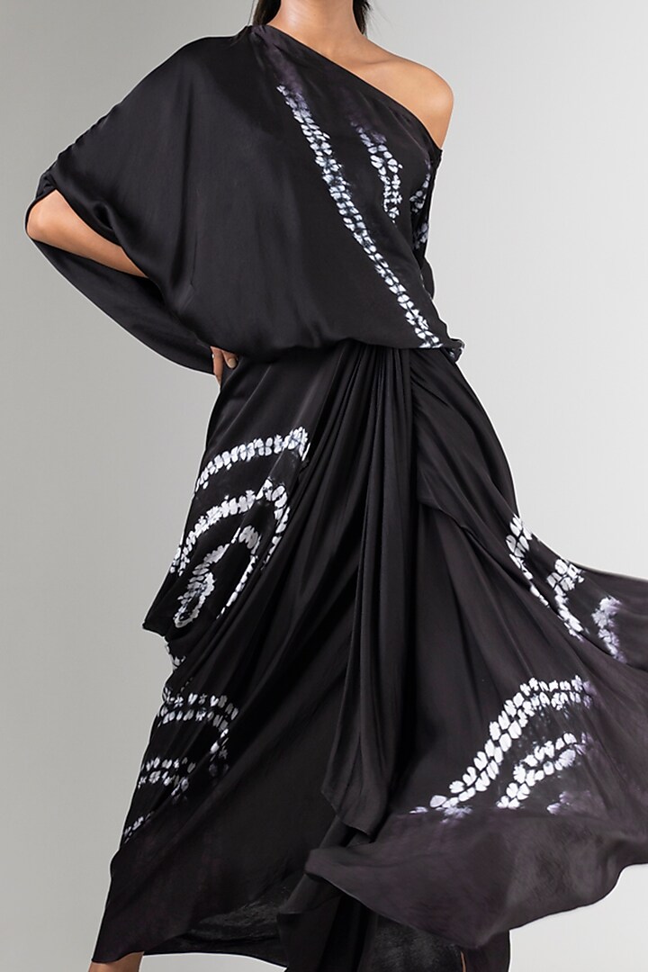 Black Satin Handmade Shibori Tie-Dye Cowl Skirt Set by Nupur Kanoi at Pernia's Pop Up Shop