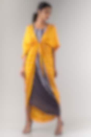 Mustard Bandhani Jacket With Grey Sack Dress by Nupur Kanoi
