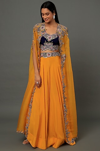 Orange Embroidered Jacket Set by Nupur Kanoi