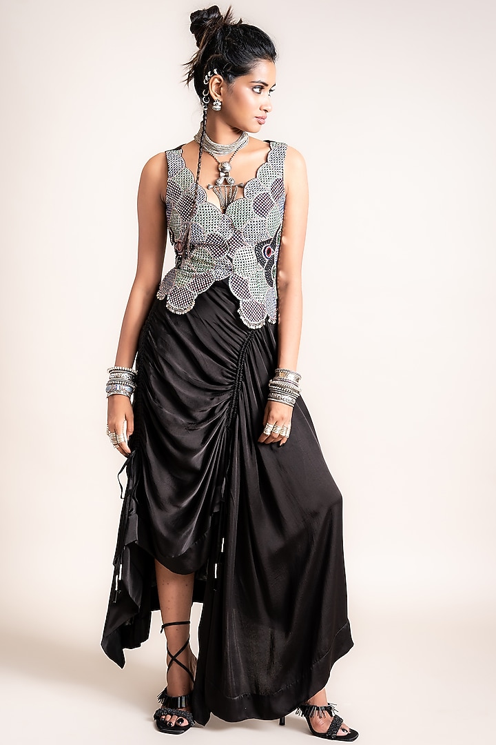 Black Crepe & Satin Skirt Set by Nupur Kanoi at Pernia's Pop Up Shop