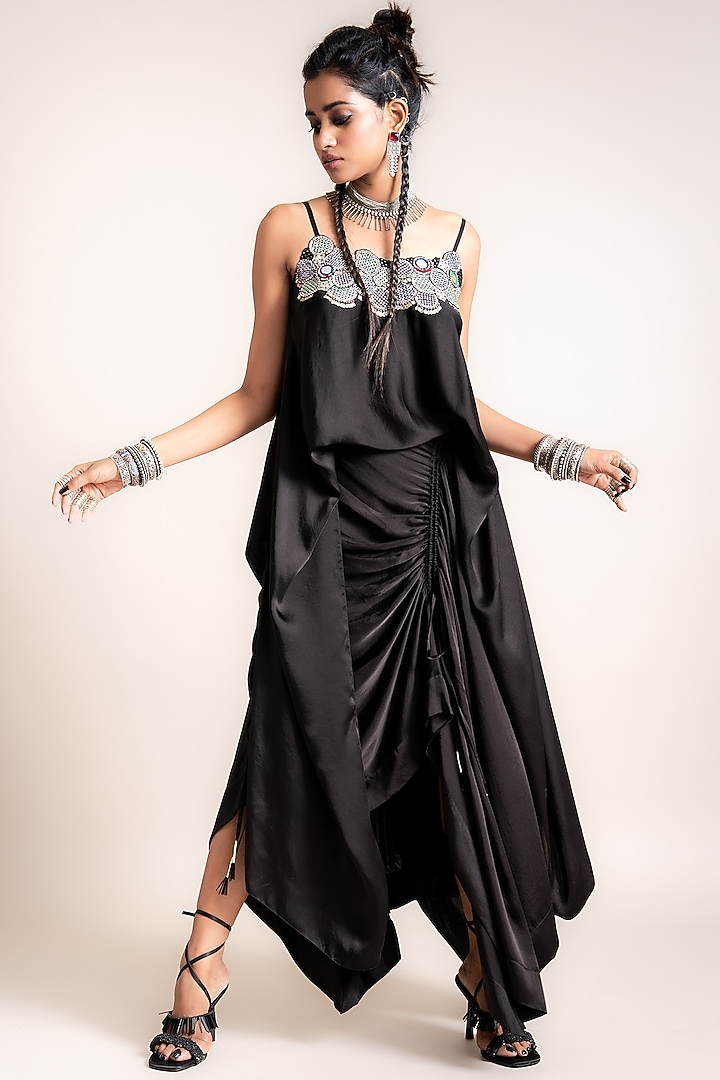 Black Satin Skirt Set by Nupur Kanoi at Pernia's Pop Up Shop