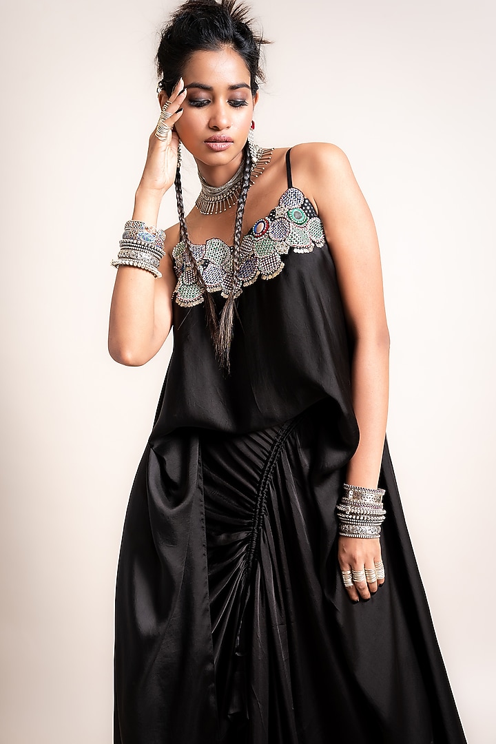 Black Satin Skirt Set by Nupur Kanoi at Pernia's Pop Up Shop
