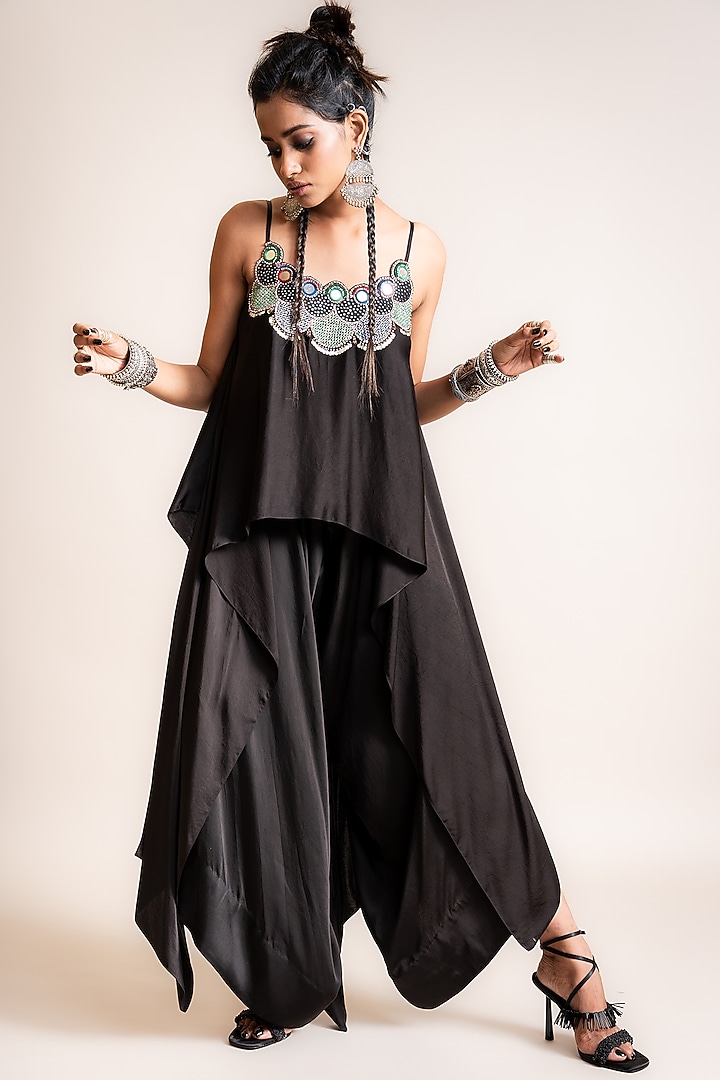 Black Satin Draped Pant Set by Nupur Kanoi at Pernia's Pop Up Shop