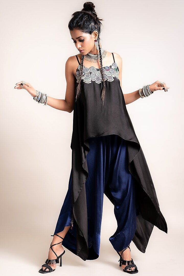 Black & Navy Blue Satin Pant Set by Nupur Kanoi at Pernia's Pop Up Shop