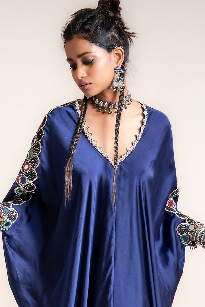 Navy Hand Embroidered Kaftan Set by Nupur Kanoi at Pernia's Pop Up Shop
