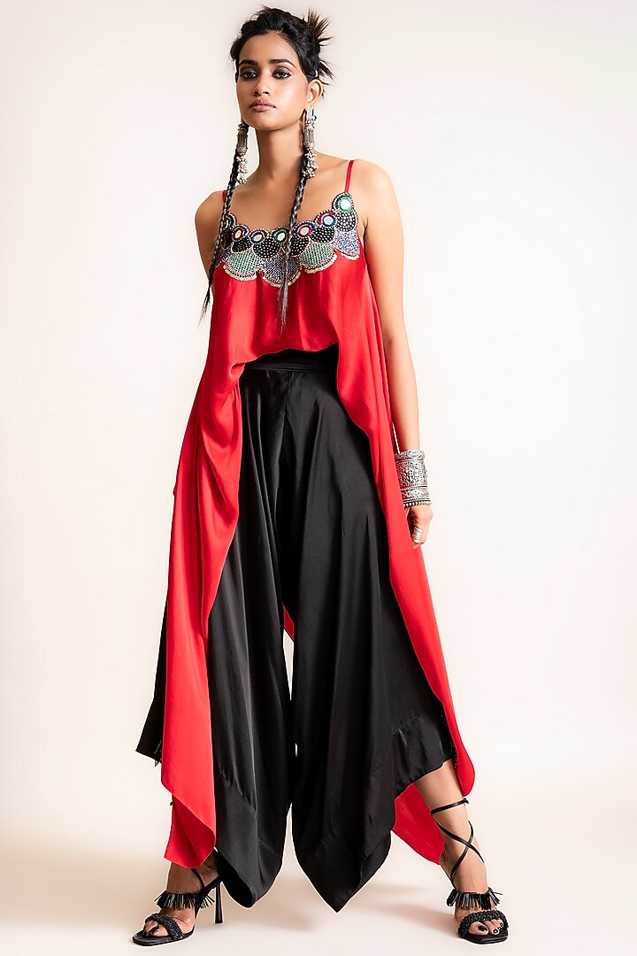 Black Satin Draped Pant Set by Nupur Kanoi at Pernia's Pop Up Shop