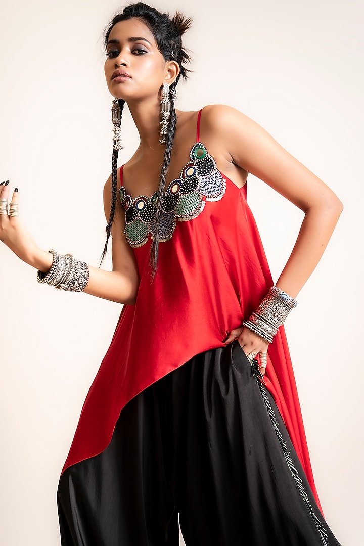 Black Satin Draped Pant Set by Nupur Kanoi at Pernia's Pop Up Shop