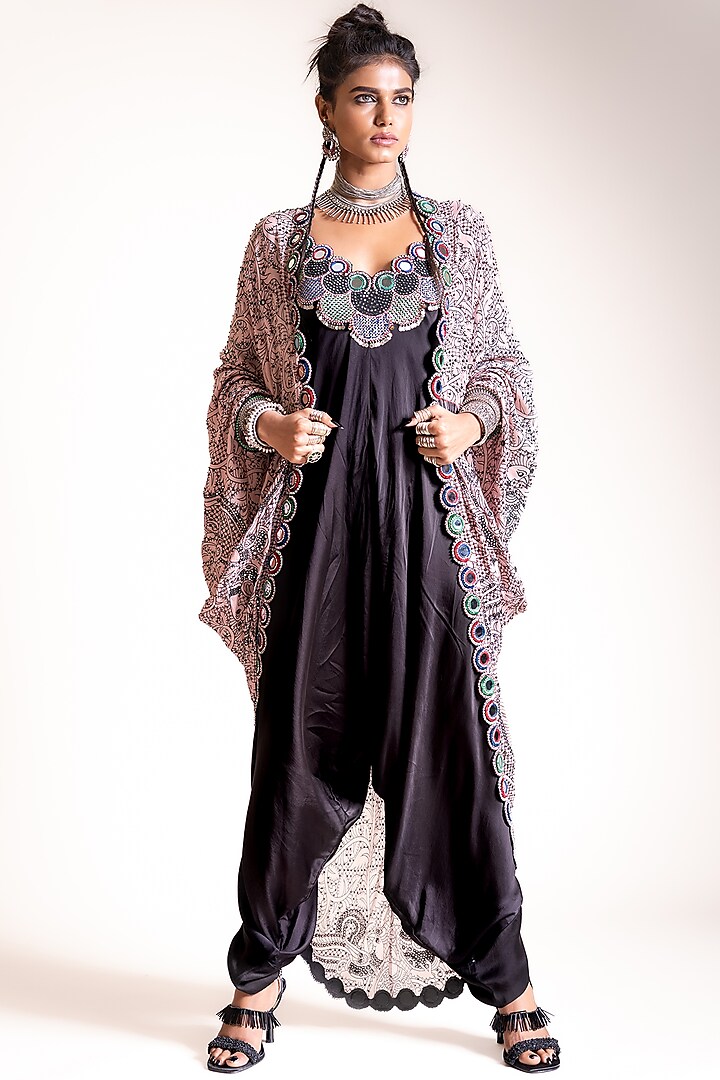 Black Embroidered Jumpsuit With Printed Jacket by Nupur Kanoi