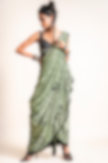 Jade Crepe Printed & Hand Embroidered Bengali Pre-Stitched Saree Set by Nupur Kanoi