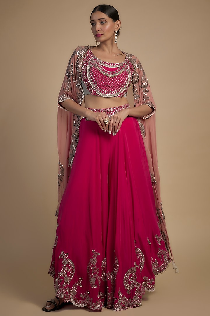 Fuchsia Crepe & Organza Hand Embroidered Sharara Set by Nupur Kanoi at Pernia's Pop Up Shop