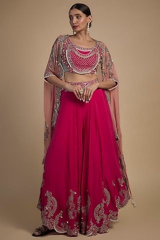 Fuchsia Crepe & Organza Hand Embroidered Sharara Set by Nupur Kanoi