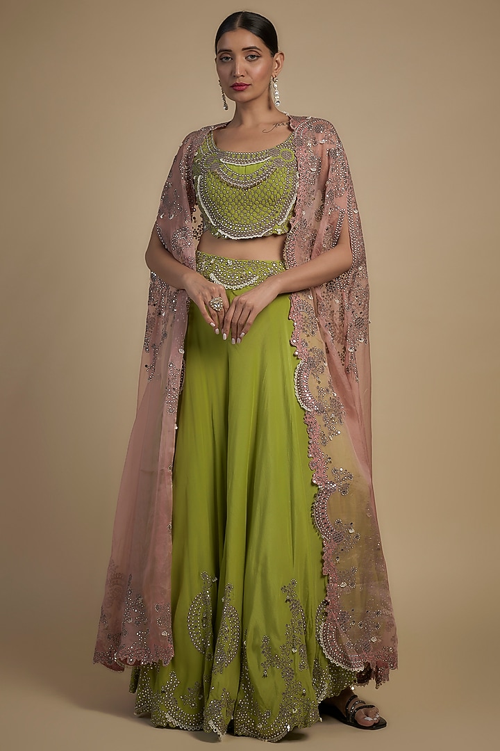 Pista Green Crepe & Organza Hand Embroidered Bridal Sharara Set by Nupur Kanoi at Pernia's Pop Up Shop