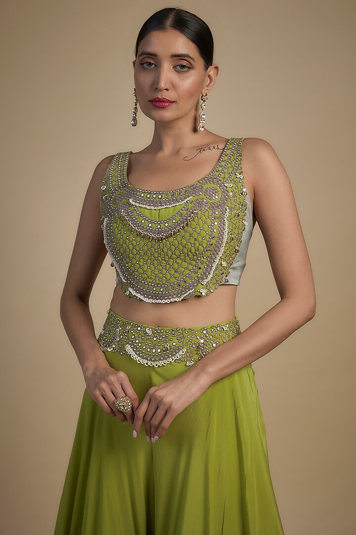 Pista Green Crepe & Organza Hand Embroidered Bridal Sharara Set by Nupur Kanoi at Pernia's Pop Up Shop
