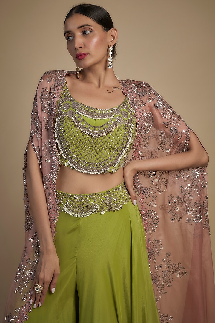 Pista Green Crepe & Organza Hand Embroidered Bridal Sharara Set by Nupur Kanoi at Pernia's Pop Up Shop