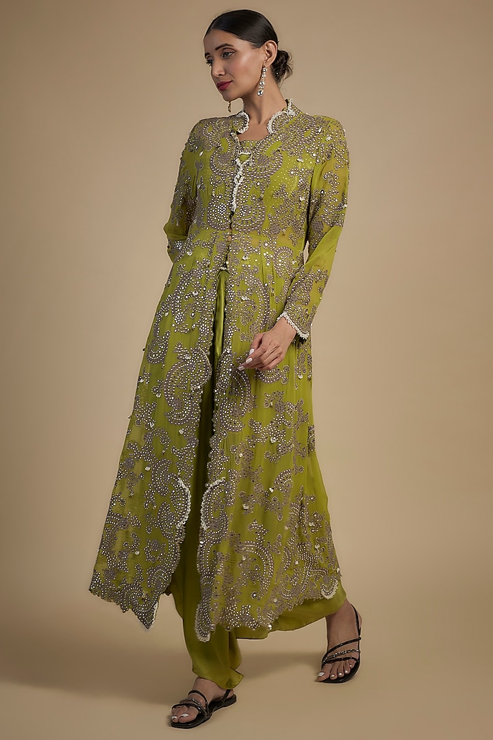 Green Crepe & Georgette Hand Embroidered Jacket Set by Nupur Kanoi at Pernia's Pop Up Shop