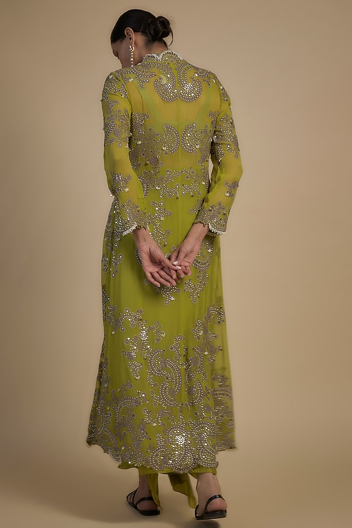 Green Crepe & Georgette Hand Embroidered Jacket Set by Nupur Kanoi at Pernia's Pop Up Shop