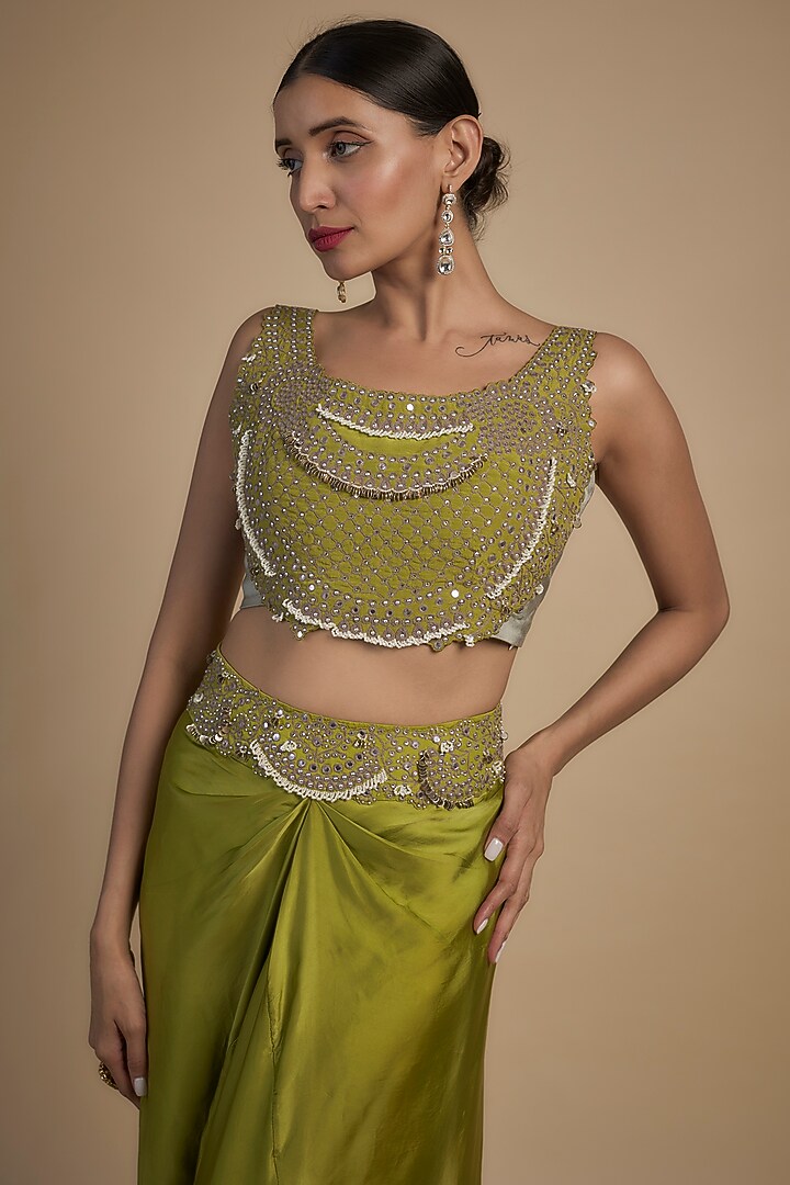 Green Crepe & Georgette Hand Embroidered Jacket Set by Nupur Kanoi at Pernia's Pop Up Shop
