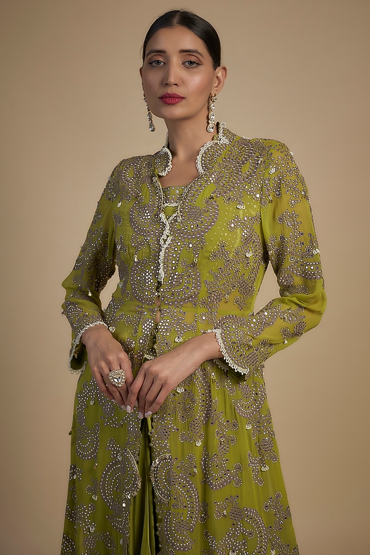 Green Crepe & Georgette Hand Embroidered Jacket Set by Nupur Kanoi at Pernia's Pop Up Shop
