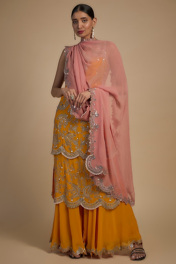 Orange Crepe Hand Embroidered Gharara Set by Nupur Kanoi at Pernia's Pop Up Shop