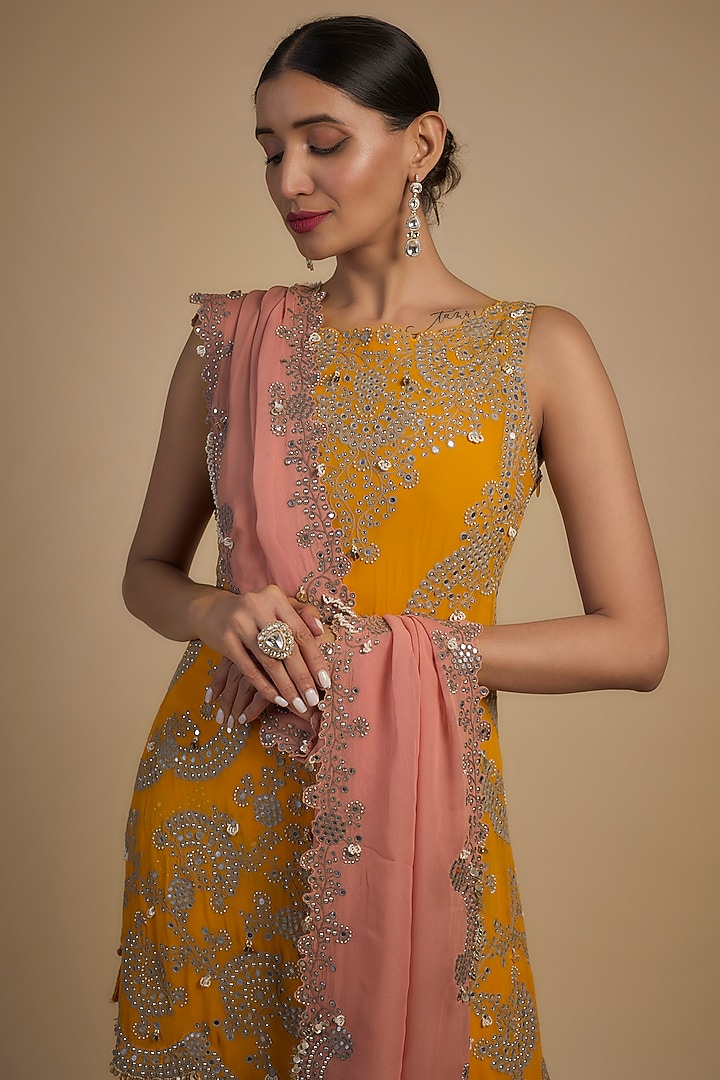 Orange Crepe Hand Embroidered Gharara Set by Nupur Kanoi at Pernia's Pop Up Shop