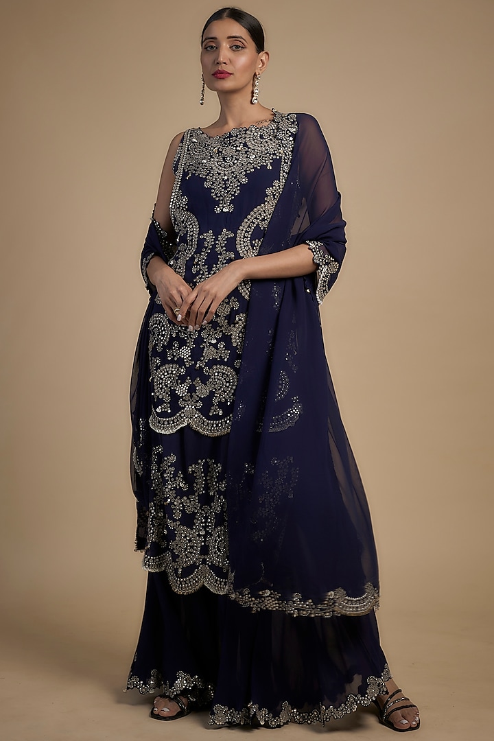 Navy Blue Crepe Hand Embroidered Gharara Set by Nupur Kanoi