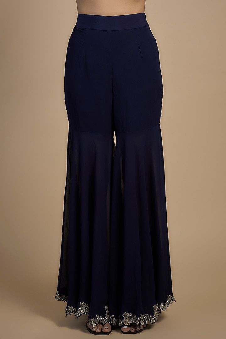 Navy Blue Crepe Hand Embroidered Gharara Set by Nupur Kanoi at Pernia's Pop Up Shop