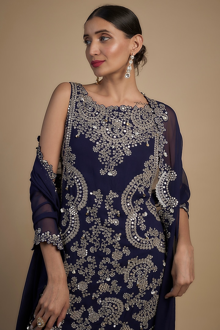 Navy Blue Crepe Hand Embroidered Gharara Set by Nupur Kanoi at Pernia's Pop Up Shop