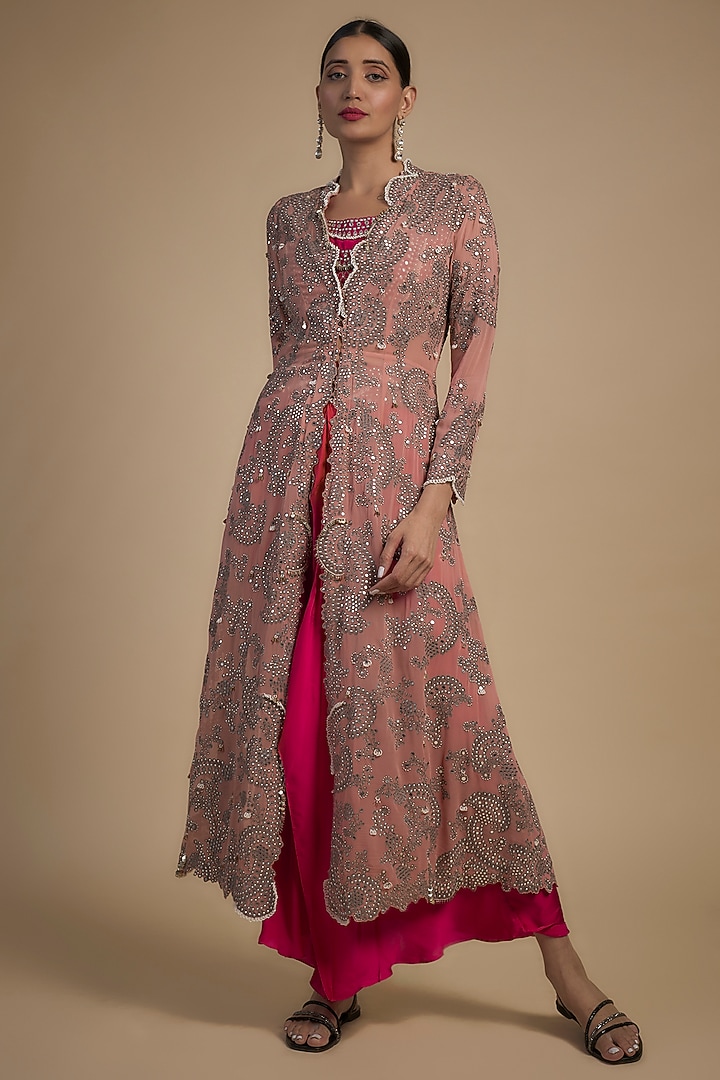 Rose Pink Crepe & Georgette Hand Embroidered Jacket Set by Nupur Kanoi at Pernia's Pop Up Shop