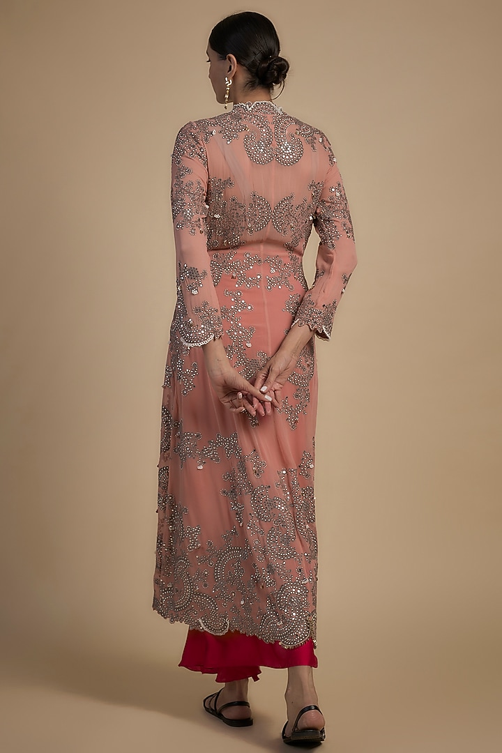 Rose Pink Crepe & Georgette Hand Embroidered Jacket Set by Nupur Kanoi at Pernia's Pop Up Shop