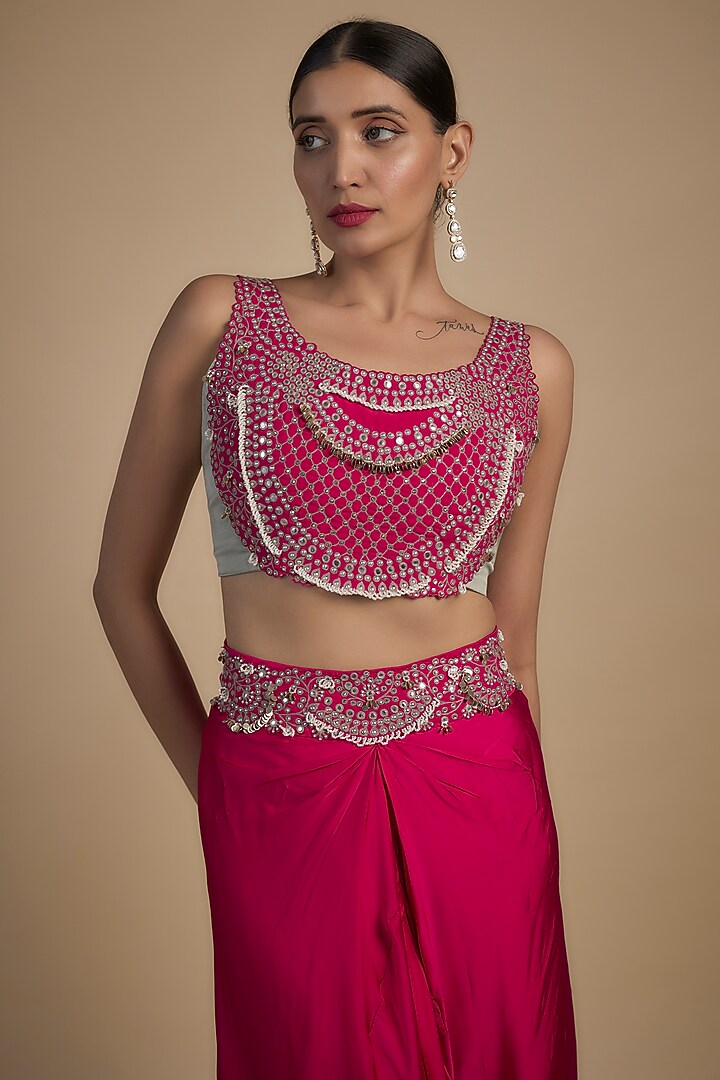 Rose Pink Crepe & Georgette Hand Embroidered Jacket Set by Nupur Kanoi at Pernia's Pop Up Shop
