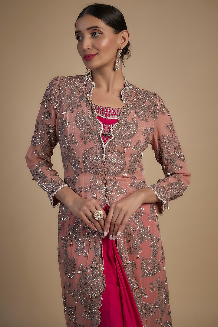 Rose Pink Crepe & Georgette Hand Embroidered Jacket Set by Nupur Kanoi at Pernia's Pop Up Shop