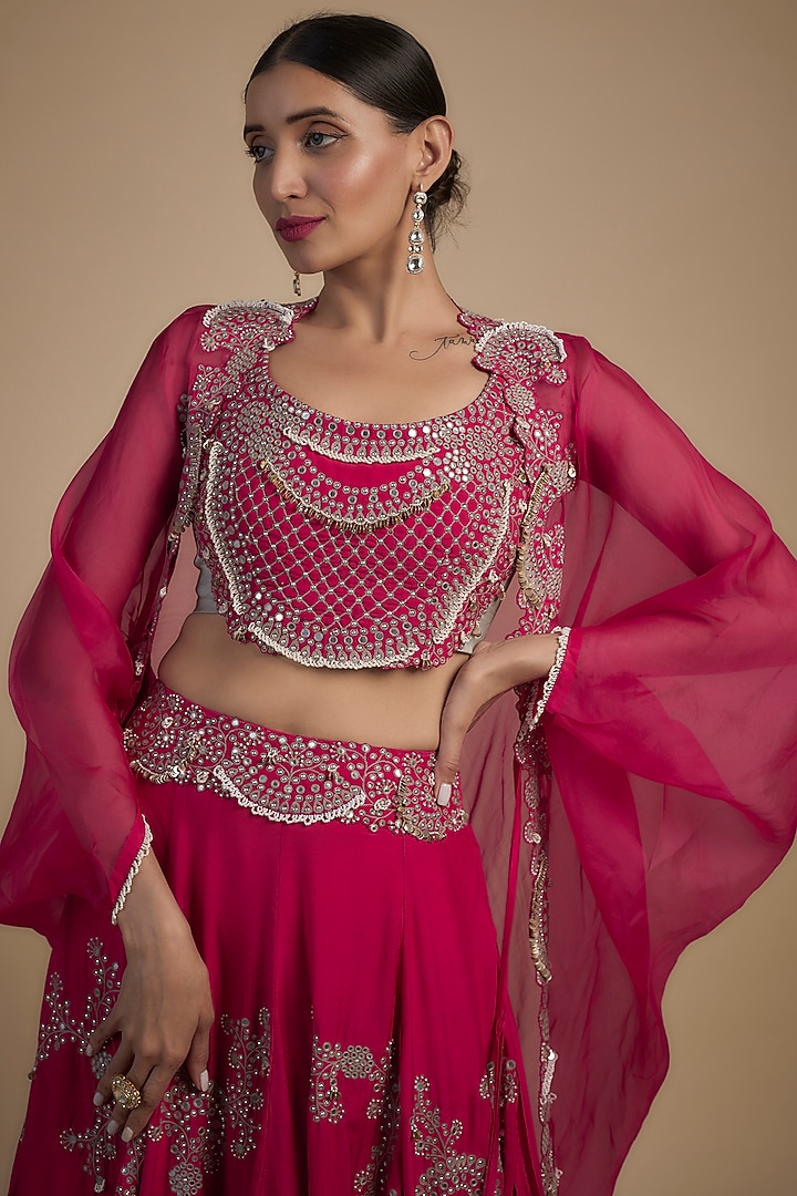 Fuchsia Crepe & Organza Hand Embroidered Bridal Lehenga Set by Nupur Kanoi at Pernia's Pop Up Shop