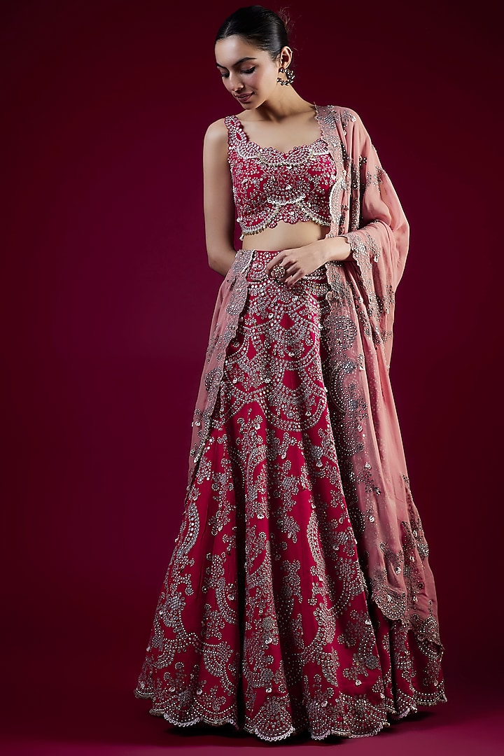 Red Crepe Mirror & Pearl Hand Embroidered Bridal Lehenga Set by Nupur Kanoi at Pernia's Pop Up Shop