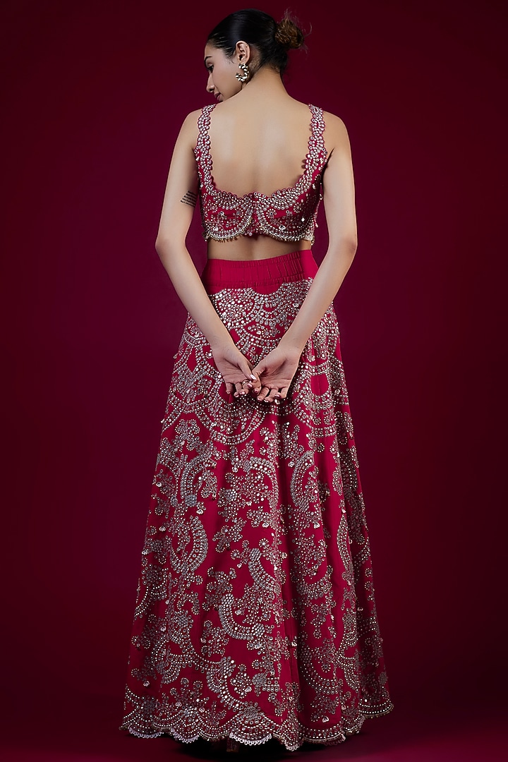 Red Crepe Mirror & Pearl Hand Embroidered Bridal Lehenga Set by Nupur Kanoi at Pernia's Pop Up Shop