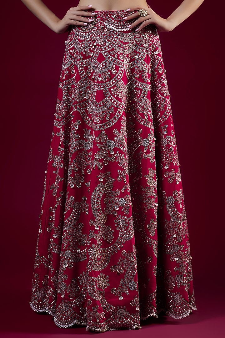 Red Crepe Mirror & Pearl Hand Embroidered Bridal Lehenga Set by Nupur Kanoi at Pernia's Pop Up Shop