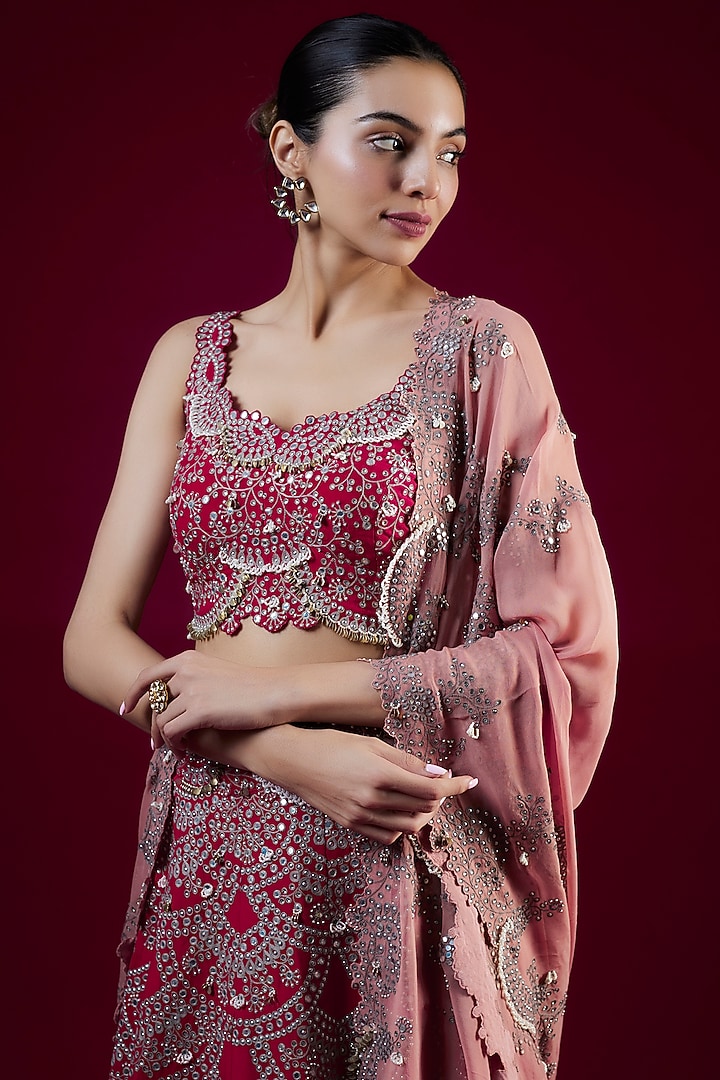 Red Crepe Mirror & Pearl Hand Embroidered Bridal Lehenga Set by Nupur Kanoi at Pernia's Pop Up Shop