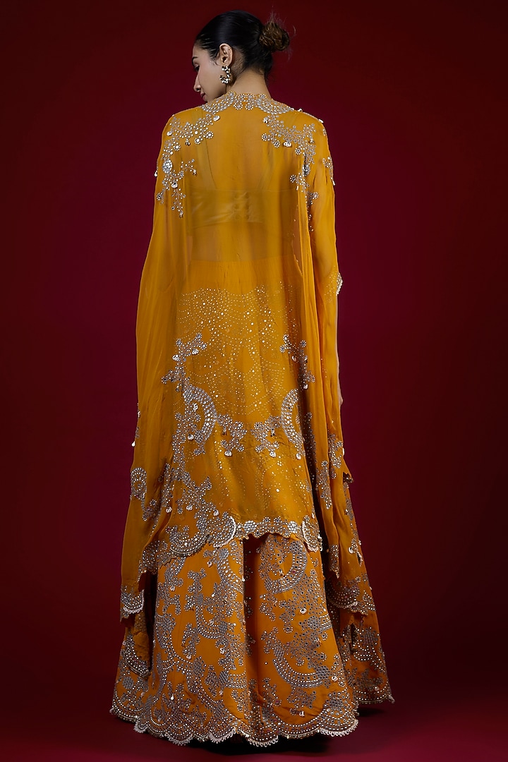 Mustard Crepe Mirror & Pearl Hand Embroidered Bridal Lehenga Set by Nupur Kanoi at Pernia's Pop Up Shop