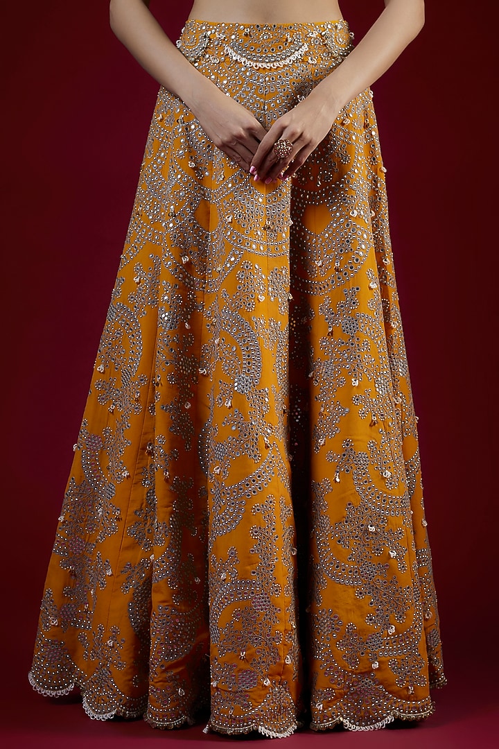Mustard Crepe Mirror & Pearl Hand Embroidered Bridal Lehenga Set by Nupur Kanoi at Pernia's Pop Up Shop