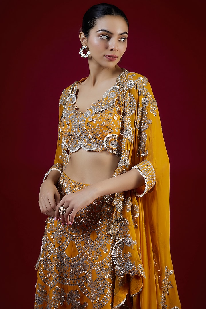 Mustard Crepe Mirror & Pearl Hand Embroidered Bridal Lehenga Set by Nupur Kanoi at Pernia's Pop Up Shop