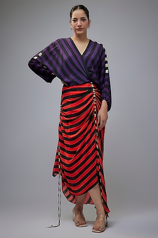 Purple & Orange Crepe Striped Digital Printed Wrap Dress by Nupur Kanoi